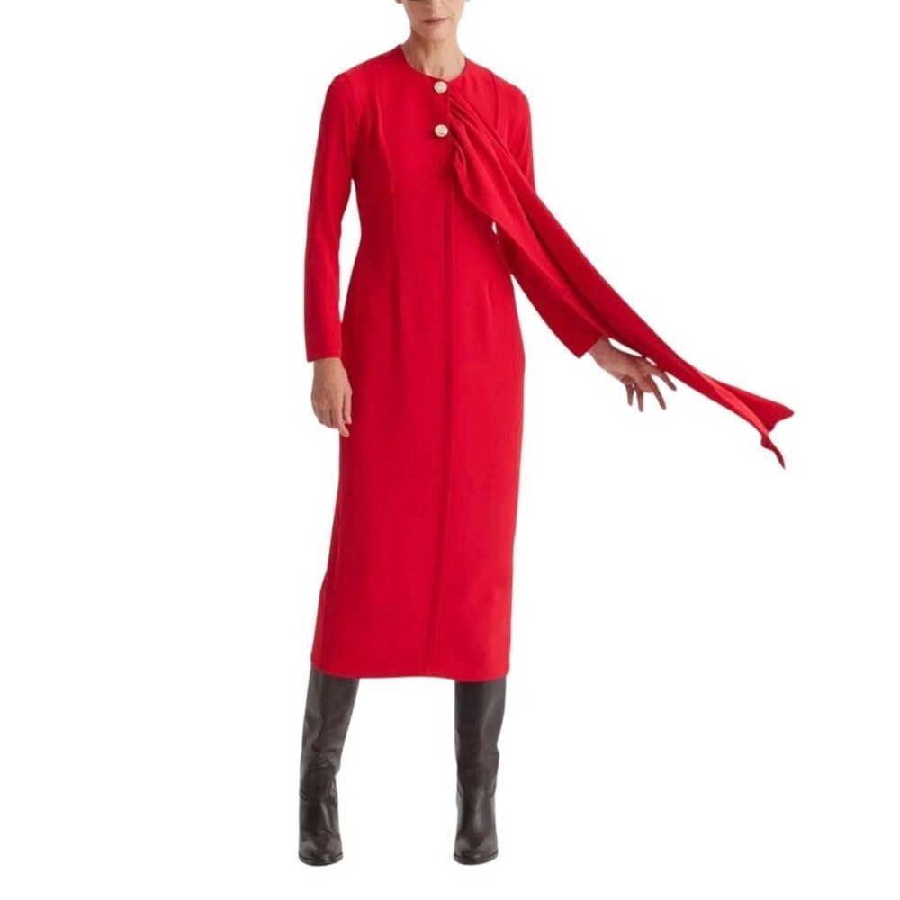 Julia Allert Dress Red Architectural Cape Sheath Midi Long Sleeve Size S NWT
